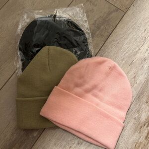 Kids' Pink and Olive Beanie Set